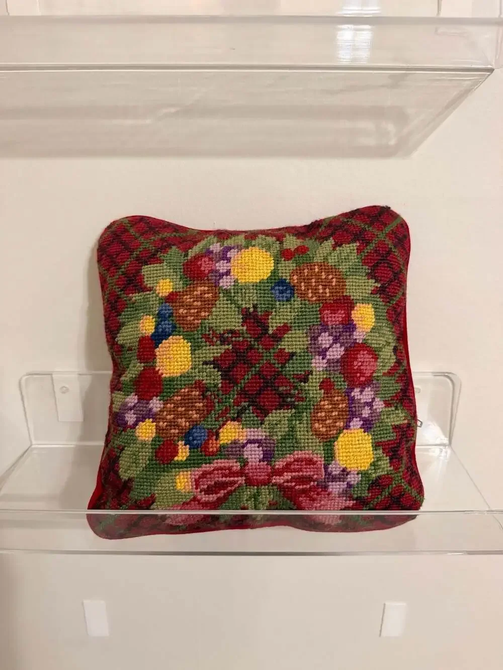 Vintage Wool Needlepoint  Wreath Floral Throw Pillow with Red Velvet Backing